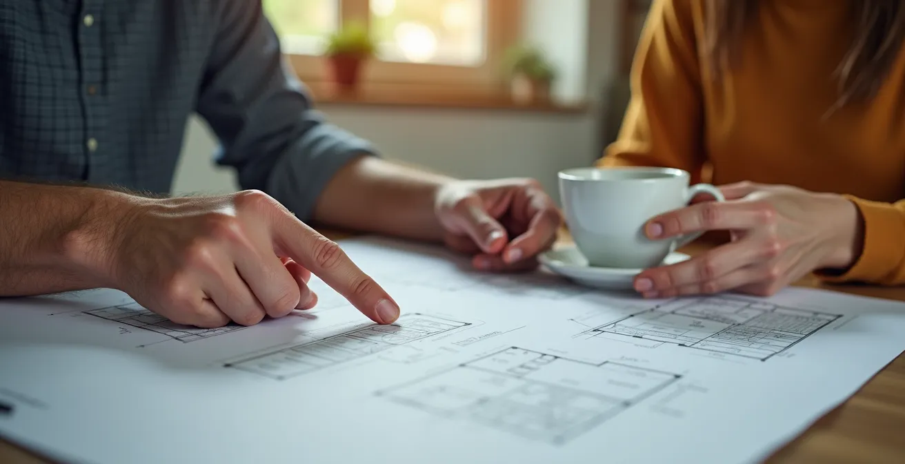 Contractor and homeowner reviewing renovation plans together at kitchen table