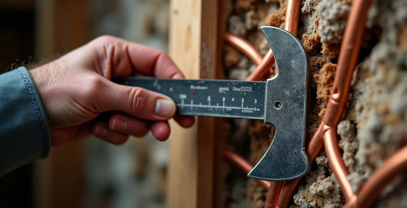 Homeowner examining complex electrical panel with measuring tools