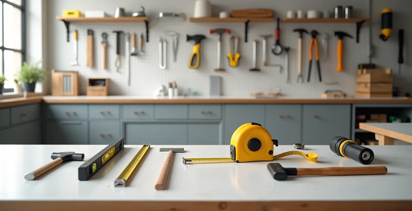 Clean organized contractor workspace with professional tools arranged systematically