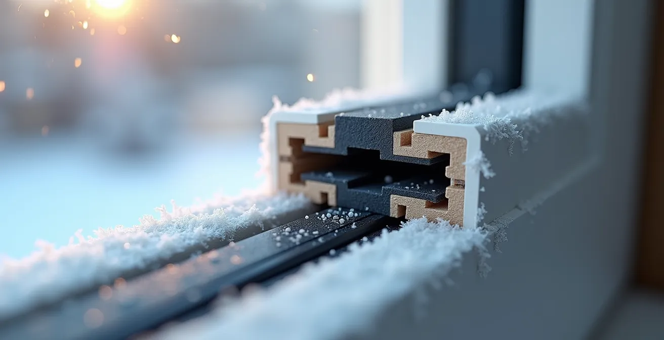 Macro view of window seal preventing condensation
